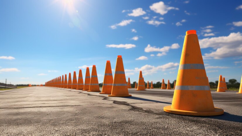 traffic-cones-line-up-along-sunlit-asphalt-road_157027-4275